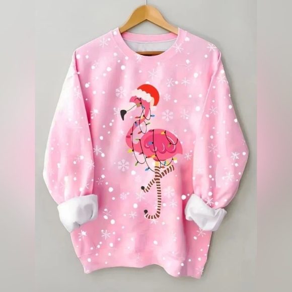 COPY - Holiday Lights Flamingo Print Long Sleeve Pullover Tee Sweater lightweig… - Picture 1 of 7